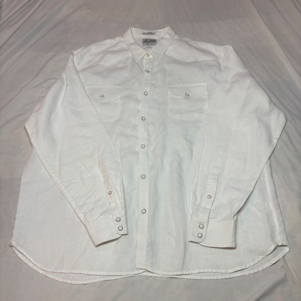 Lucky Brand Mens XXL White 100% Linen Western Pearl Snap Classic Fit Shirt